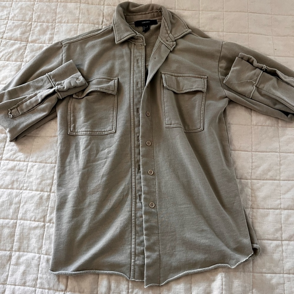 Khaki colored long“shaket” button up. SMALL
